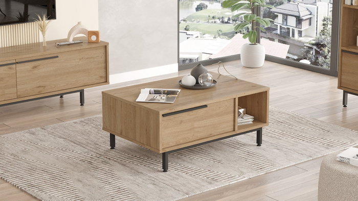 Hanah Home On2-S Mesa de Centro Moderna en Nogal con Patas de Metal, 90x37.6x60 cm